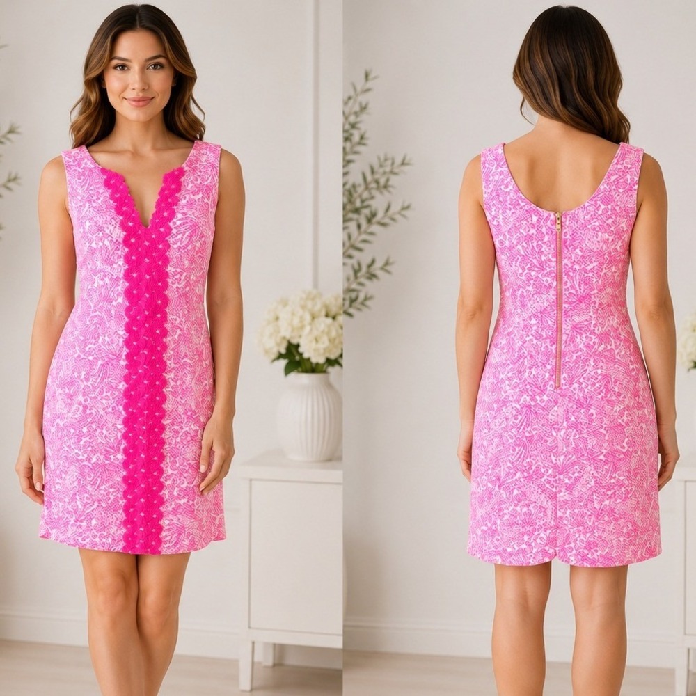 Lilly Pulitzer Target Shift Dress Sz 10 Pink Tropical Floral Ric Rac Trim Preppy